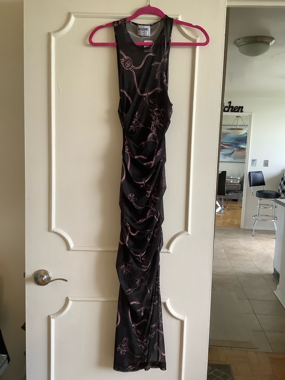 Moschino Black Maxi Dress with Pink Floral Accents